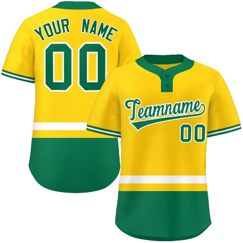 Custom home or away baseball jersey for teams-Custom Gold White-Kelly Green Color Block Personalized Authentic Two-Button Baseball Jersey