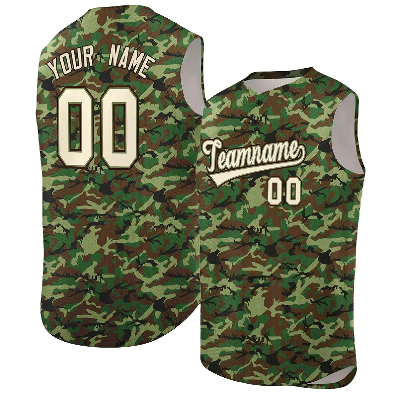 Baseball jersey with stitched lettering and numbers-Custom Brown Green-Cream Camo Fashion Authentic Sleeveless Baseball Jersey