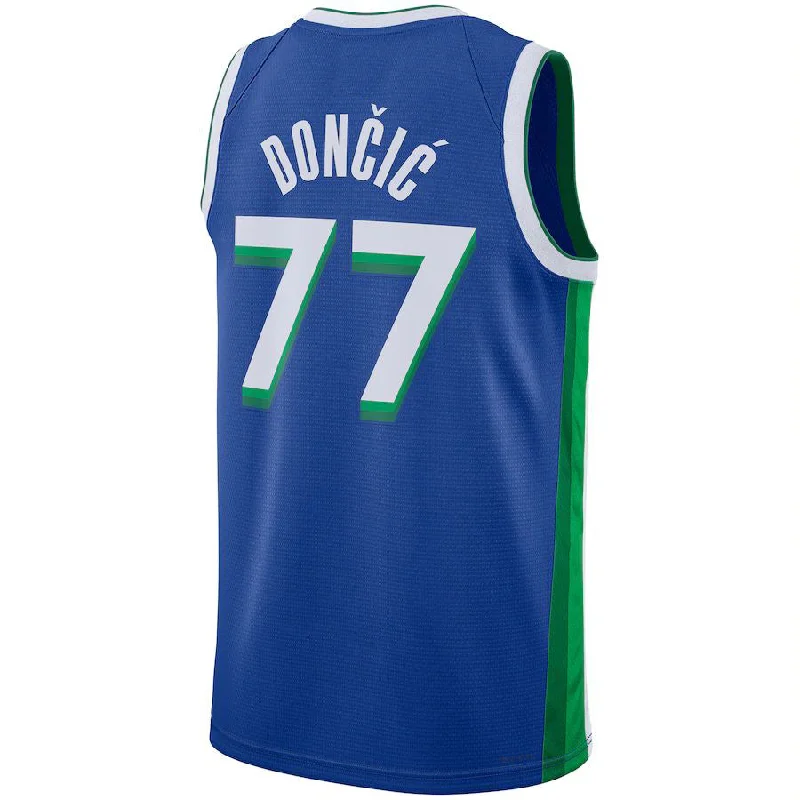 Basketball jersey with bold logos and vibrant color schemes-D.Mavericks #77 Luka Doncic  Unisex 2022-23 Swingman Jersey City Edition Blue Stitched American Basketball Jersey