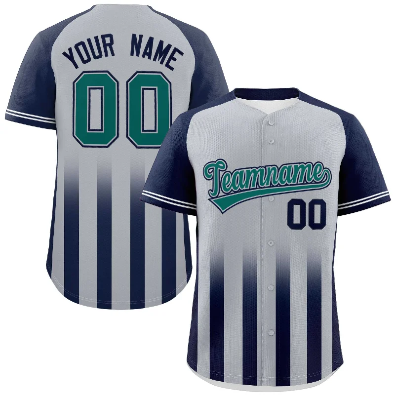 Custom home or away baseball jersey for teams-Custom Gray Navy Raglan Sleeves Gradient Thick Stripe Authentic Baseball Jersey