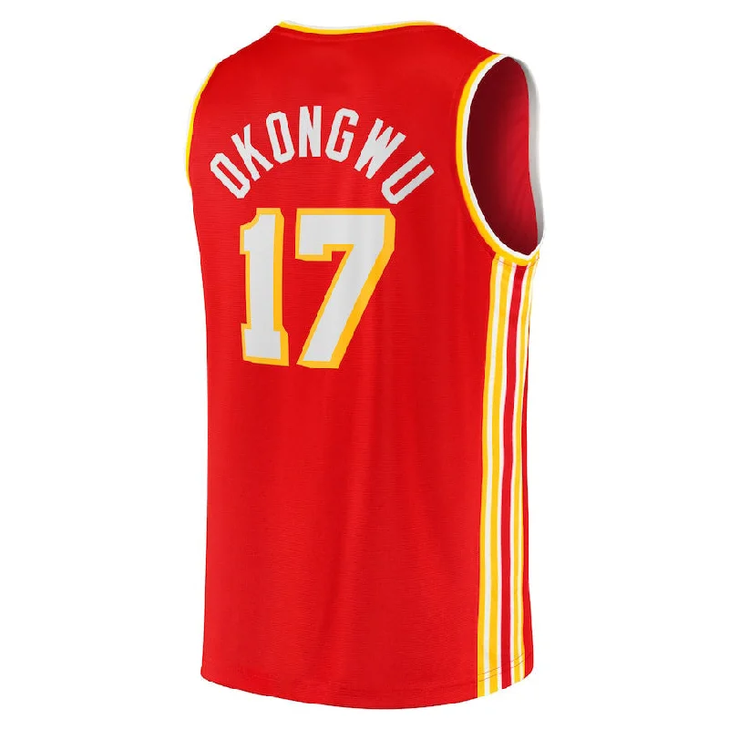 Basketball jersey with performance-enhancing fabric-A.Hawks #17 Onyeka Okongwu Fanatics Branded 2020 Draft First Round Pick Fast Break Replica Jersey Icon Edition Red Stitched American Basketball Jersey