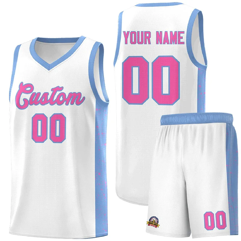 Basketball jersey with lightweight mesh fabric for ventilation-Custom White Pink-Light Blue Side Splash Sports Uniform Basketball Jersey