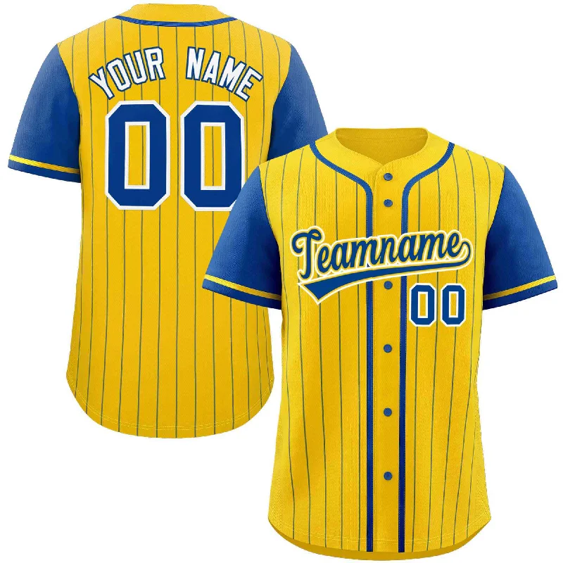 Baseball jersey for fall season with long sleeves-Custom Gold Royal Stripe Fashion Raglan Sleeves Authentic Baseball Jersey