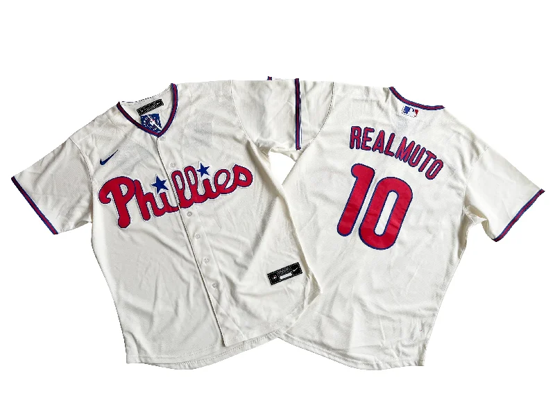 Baseball jersey with contrast stitching and piping-Men's Philadelphia Phillies 10# J.T. Realmuto Cream Cool Base Jersey