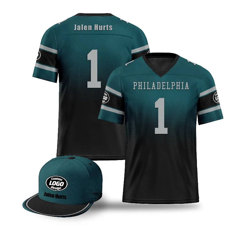 Custom soccer jersey with sublimated designs-Custom Green Black Philadelphia Football Jersey and Hat Combo Offer Personalized Combo ZH-D020326-23