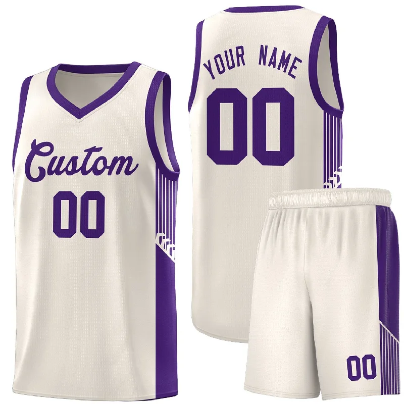 Basketball jersey with stylish design for casual wear-Custom Khaki Purple Side Stripe Fashion Sports Uniform Basketball Jersey