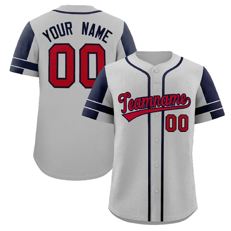 Baseball jersey for team merchandise-Custom Gray Navy Personalized Raglan Sleeves Authentic Baseball Jersey