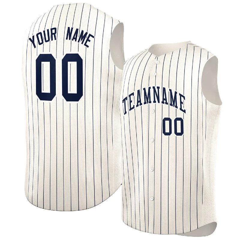 Custom home or away baseball jersey for teams-Custom Cream Navy-White Sleeveless Stripe Fashion Baseball Jersey