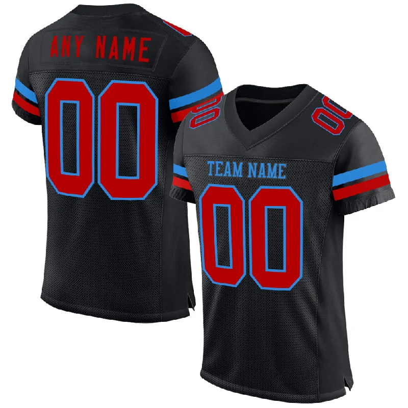 Custom soccer jersey with stripes and bold designs-Custom Black Red-Powder Blue Mesh Authentic Football Jersey