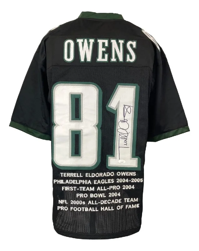 Personalized soccer jersey for gift items and fan merchandise-Terrell Owens Philadelphia Signed Black Stat Football Jersey JSA ITP