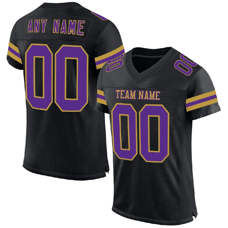 Custom soccer jersey for professional leagues-Custom Black Purple-Old Gold Mesh Authentic Football Jersey