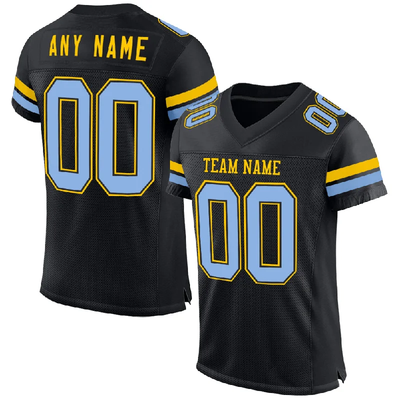 Custom soccer jersey for tournaments and competitions-Custom Black Light Blue-Yellow Mesh Authentic Football Jersey