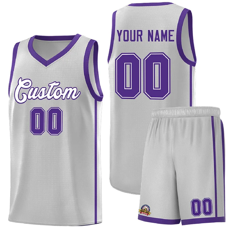 Personalized basketball jersey for gym wear-Custom Gray White-Purple Side Two Bars Sports Uniform Basketball Jersey