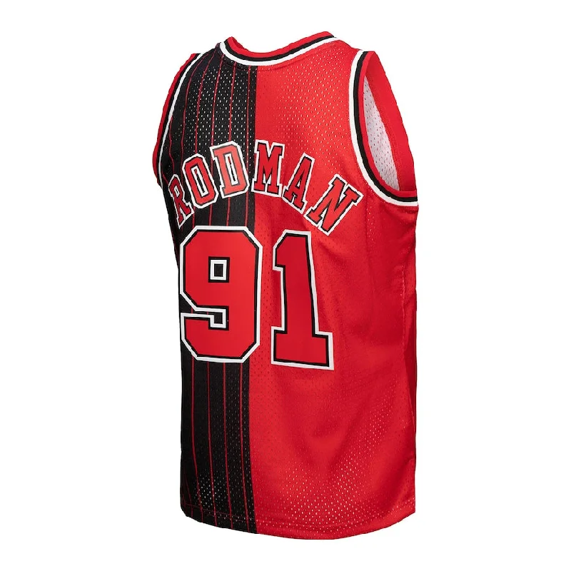 Personalized basketball jersey with custom patches-C.Bulls #91 Dennis Rodman Mitchell & Ness Big & Tall Hardwood Classics 1995-96 Split Swingman Jersey Red Black Stitched American Basketball Jersey