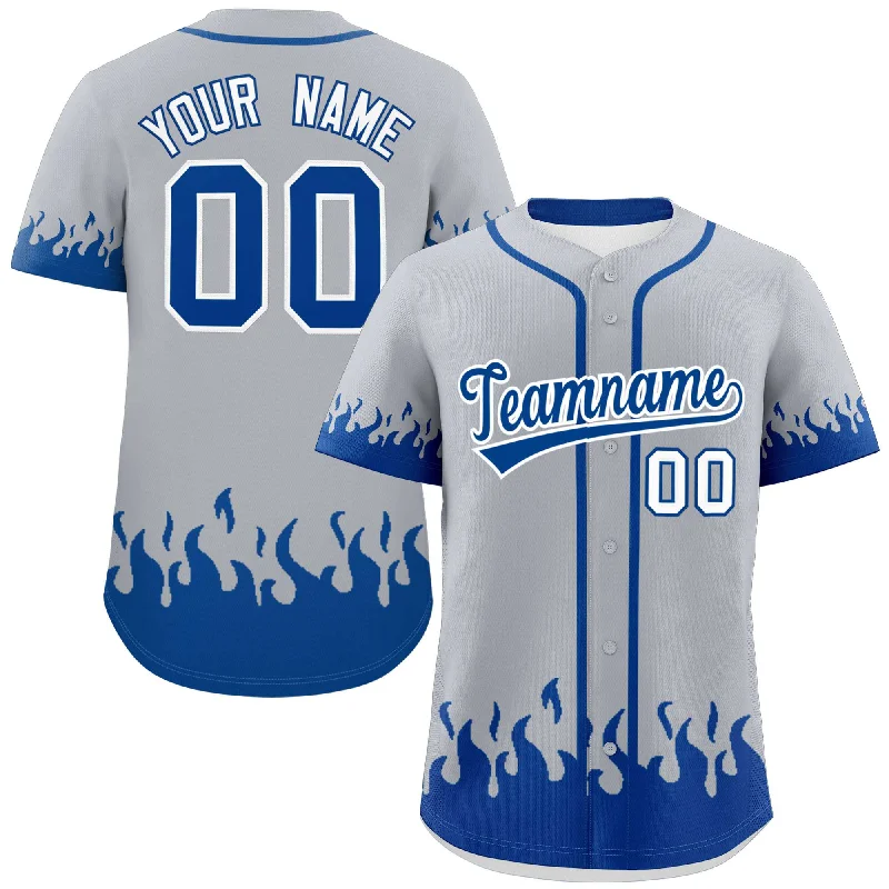 Personalized baseball jersey for birthday parties-Custom Gray Royal Personalized Flame Graffiti Pattern Authentic Baseball Jersey