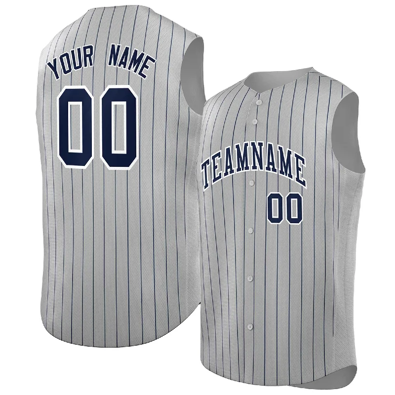 Classic baseball jersey with modern design details-Custom Gray Navy-White Sleeveless Stripe Fashion Baseball Jersey