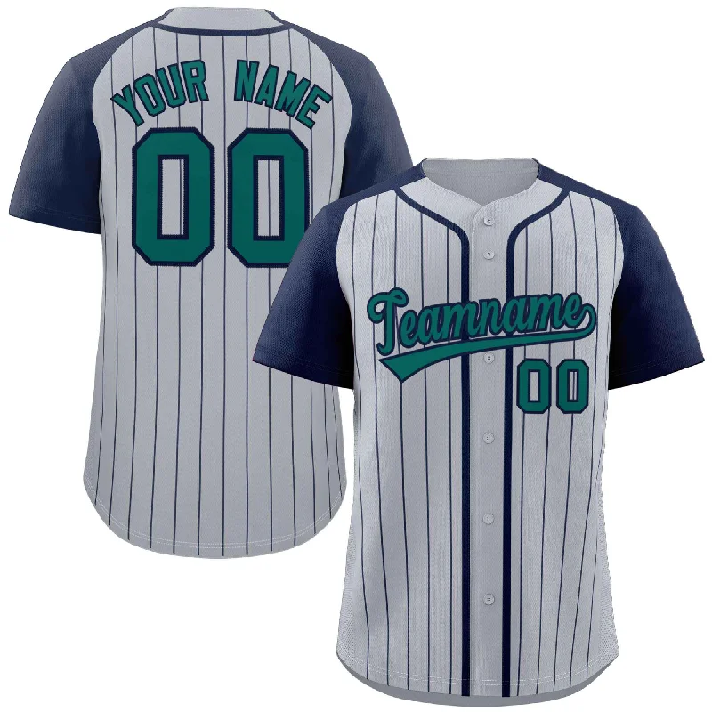 Custom baseball jersey for alumni events-Custom Gray Aqua-Navy Stripe Fashion Raglan Sleeves Authentic Baseball Jersey