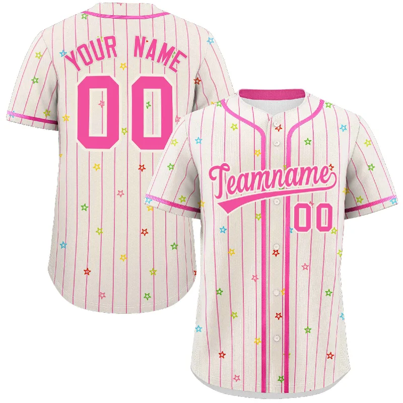 Personalized baseball jersey with unique colors and patterns-Custom Cream Pink Stripe Fashion Personalized Star Pattern Authentic Baseball Jersey