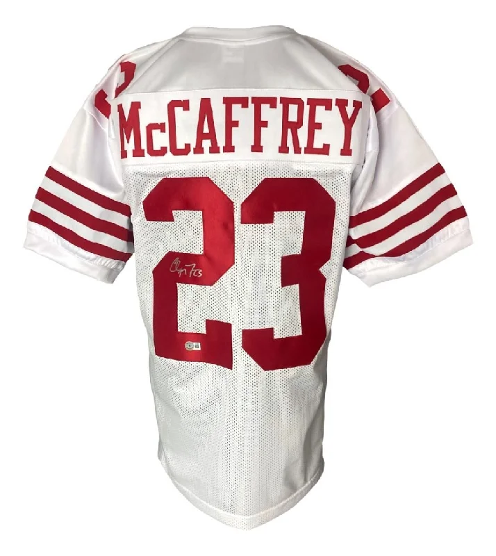 Custom soccer jerseys with team logos-Christian McCaffrey San Francisco Signed White Football Jersey BAS