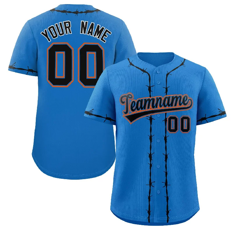 Baseball jersey with custom player patches-Custom Powder Blue Black Thorns Ribbed Classic Style Authentic Baseball Jersey