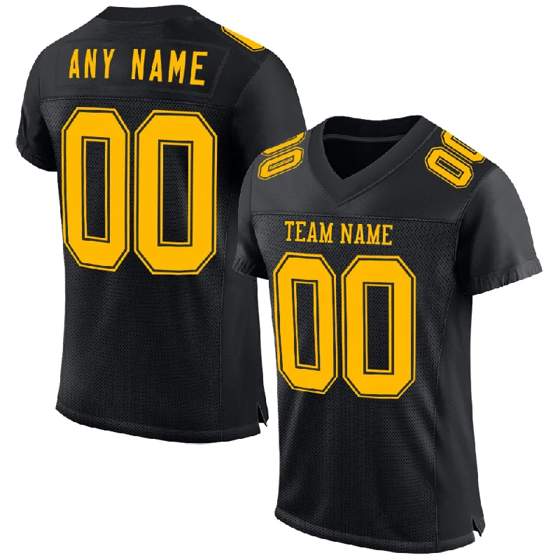 Personalized soccer jersey with name and number-Custom Black Gold Mesh Authentic Football Jersey