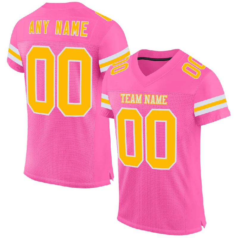 Soccer jersey with full-sleeve design for cold weather-Custom Pink Gold-White Mesh Authentic Football Jersey