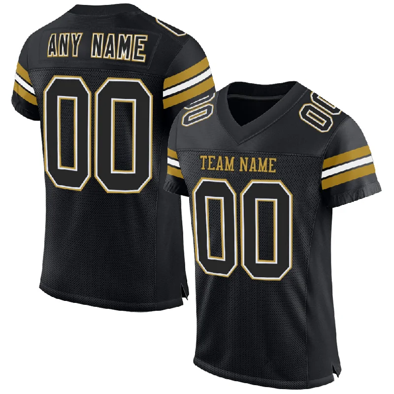 Personalized soccer jersey for family teams-Custom Black White-Old Gold Mesh Authentic Football Jersey