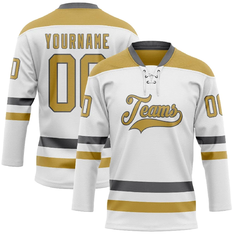 Youth-sized hockey jerseys for beginners-Custom White Old Gold-Steel Gray Hockey Lace Neck Jersey