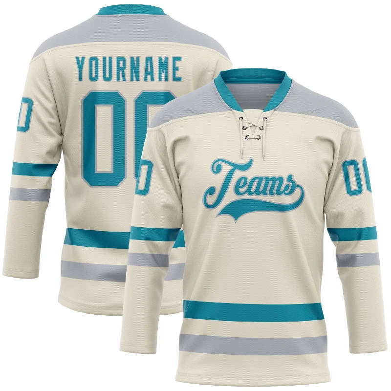 Custom name and number hockey jersey-Custom Cream Teal-Gray Hockey Lace Neck Jersey