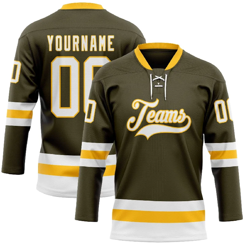 100% polyester hockey jerseys for durability-Custom Olive White-Gold Salute To Service Hockey Lace Neck Jersey