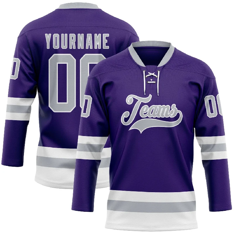 Premium quality hockey jerseys for sports teams-Custom Purple Gray-White Hockey Lace Neck Jersey