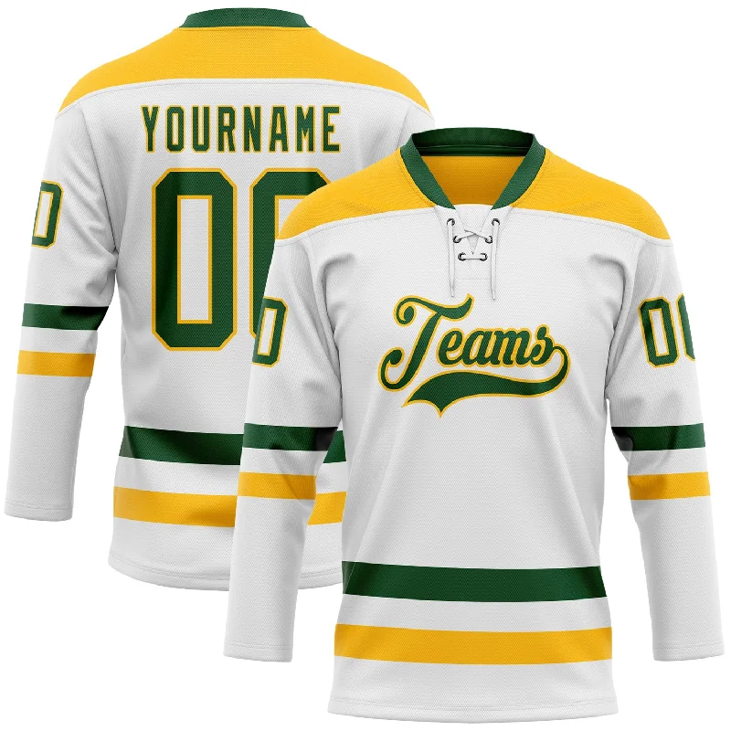 Ice hockey jersey with reinforced stitching-Custom White Green-Gold Hockey Lace Neck Jersey