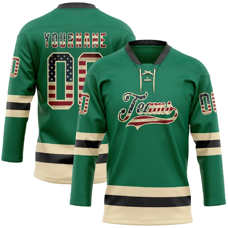 Authentic game-day hockey jersey for fans-Custom Kelly Green Vintage USA Flag Cream-Black Hockey Lace Neck Jersey