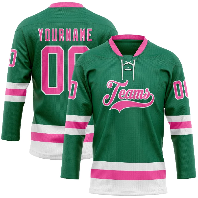 Team hockey jersey with mascot design-Custom Kelly Green Pink-White Hockey Lace Neck Jersey