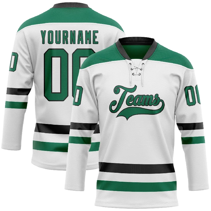 Custom-fit hockey jerseys for team players-Custom White Kelly Green-Black Hockey Lace Neck Jersey