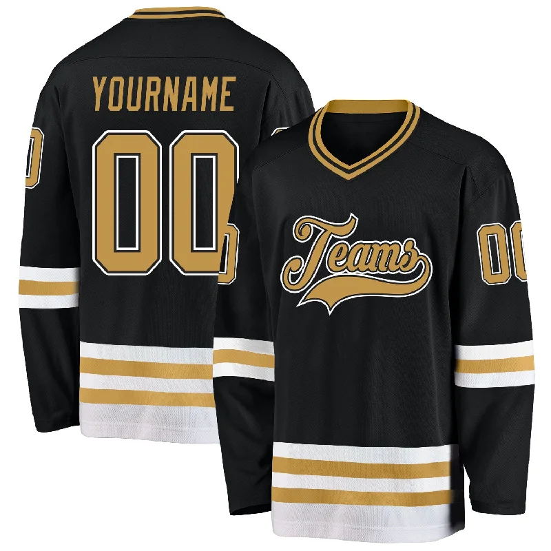 Embroidered name hockey jersey for personalization-Custom Black Old Gold-White Hockey Jersey