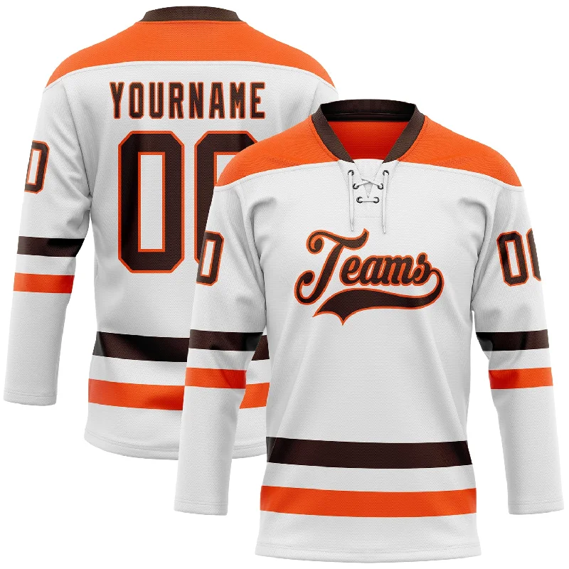 Authentic replica hockey jerseys for fans-Custom White Brown-Orange Hockey Lace Neck Jersey