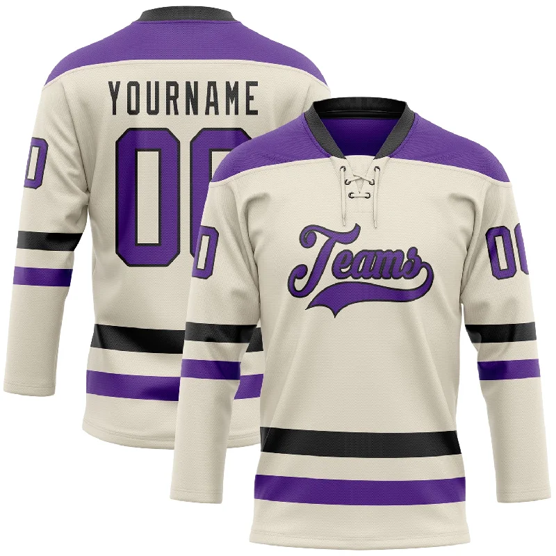 Custom fan hockey jersey with your name-Custom Cream Purple-Black Hockey Lace Neck Jersey