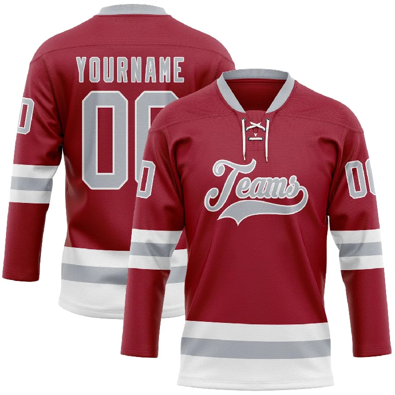 Custom hockey jersey with sponsor branding-Custom Maroon Gray-White Hockey Lace Neck Jersey