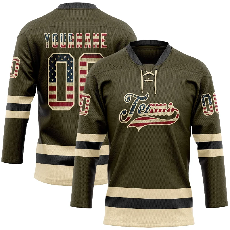 Lightweight practice hockey jerseys for training-Custom Olive Vintage USA Flag Cream-Black Salute To Service Hockey Lace Neck Jersey