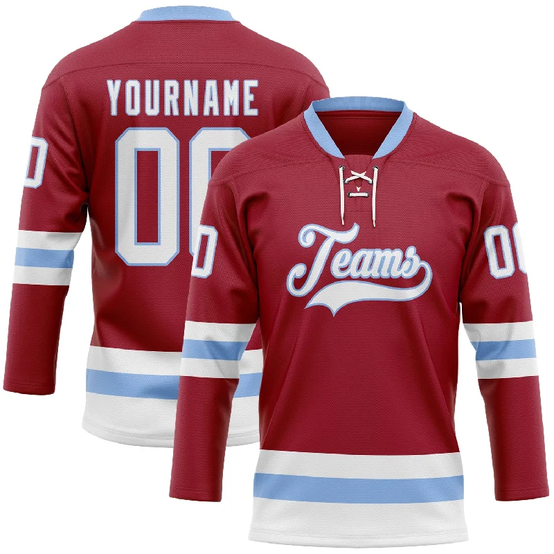 Embroidered name hockey jersey for personalization-Custom Maroon White-Light Blue Hockey Lace Neck Jersey