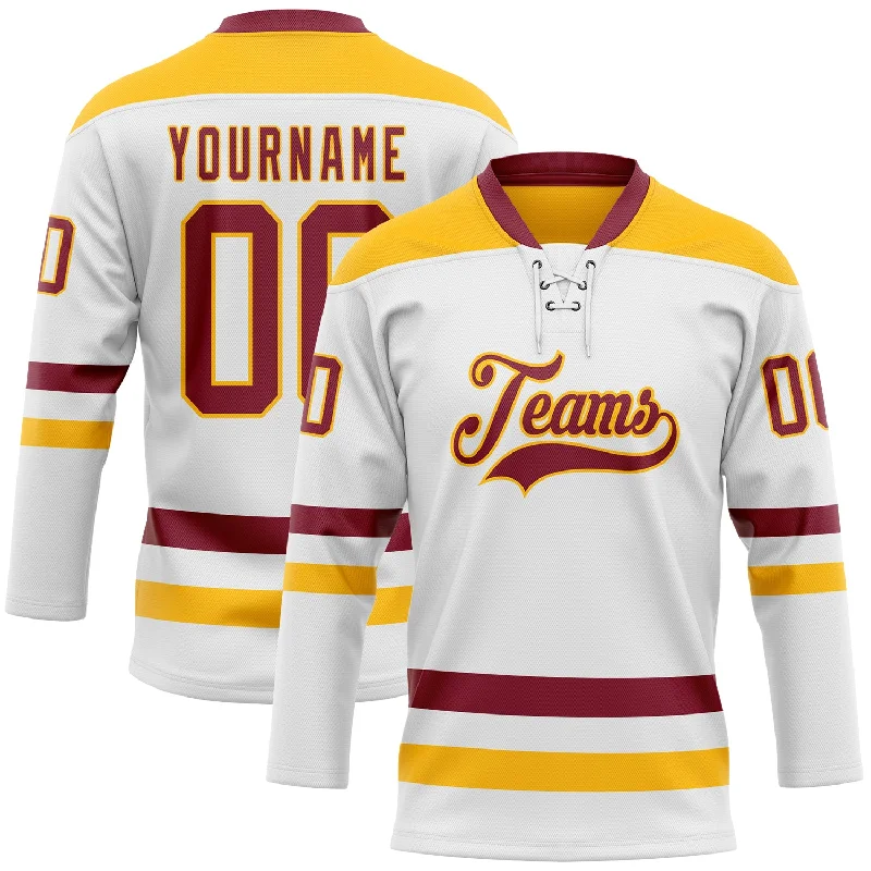 Hockey jerseys with moisture-wicking technology-Custom White Crimson-Gold Hockey Lace Neck Jersey