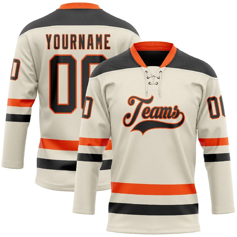 Hockey jerseys with sponsor logos for clubs-Custom Cream Black-Orange Hockey Lace Neck Jersey