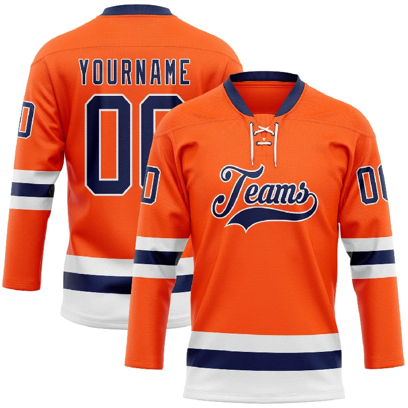 Youth team hockey jerseys for practice-Custom Orange Navy-White Hockey Lace Neck Jersey