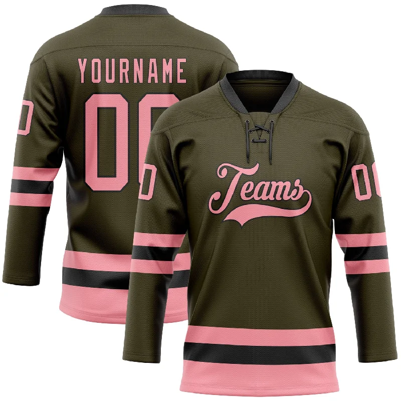 Hockey jersey with detailed stitching and embroidery-Custom Olive Medium Pink-Black Salute To Service Hockey Lace Neck Jersey