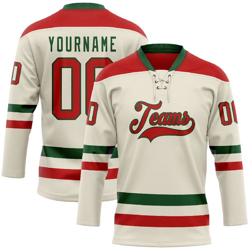 Professional hockey jersey for serious players-Custom Cream Red-Green Hockey Lace Neck Jersey