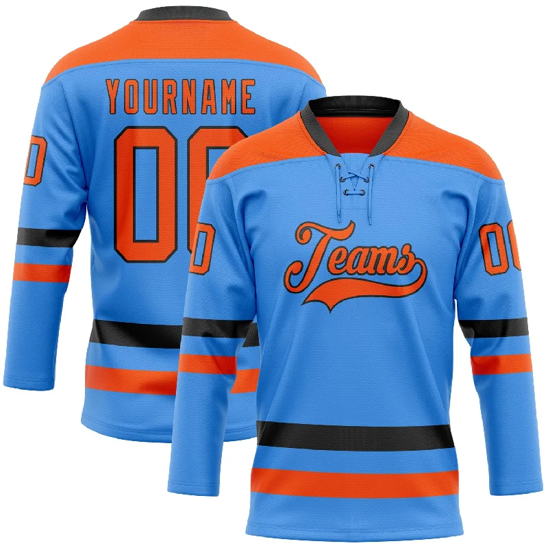 Custom-fit hockey jerseys for team players-Custom Sky Blue Orange-Black Hockey Lace Neck Jersey