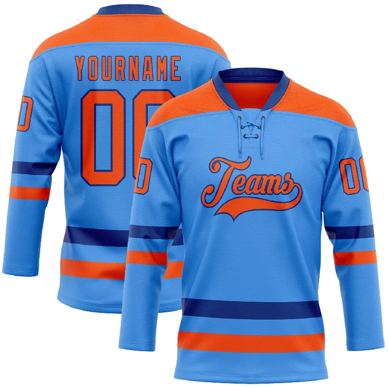 Fast-dry hockey jersey for players’ comfort-Custom Sky Blue Orange-Royal Hockey Lace Neck Jersey