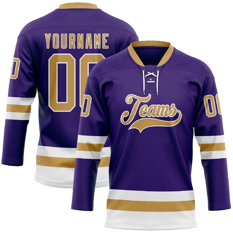 Adult hockey jerseys for casual wear-Custom Purple Old Gold-White Hockey Lace Neck Jersey