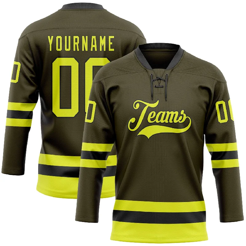 Custom-made fan hockey jersey for gifting-Custom Olive Neon Yellow-Black Salute To Service Hockey Lace Neck Jersey